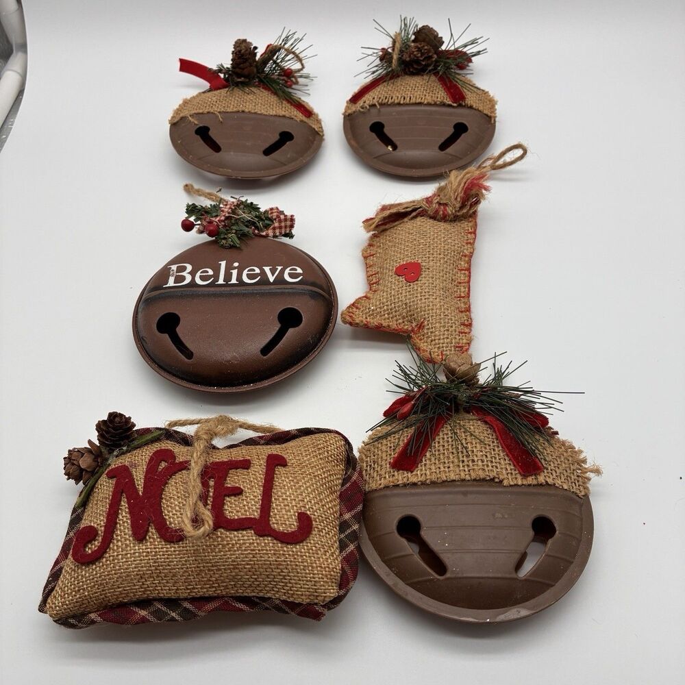 6 Rustic Christmas Ornaments Made Of Metal, Plastic And Burlap. Bells, Noel, MS.